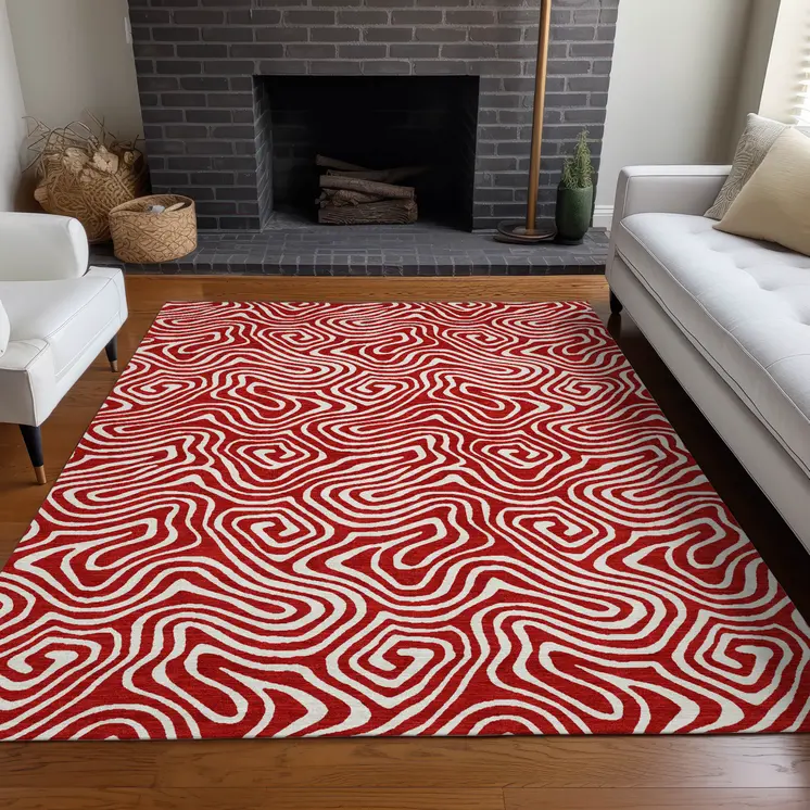 10' X 14' Red And Ivory Abstract Washable Indoor Outdoor Area Rug