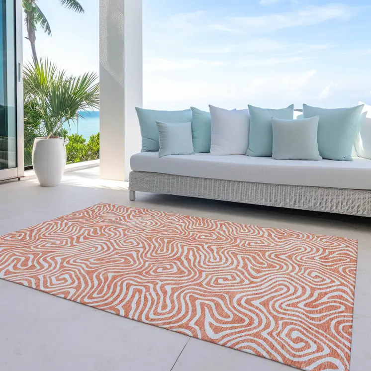 5' X 8' Salmon And Ivory Abstract Washable Indoor Outdoor Area Rug