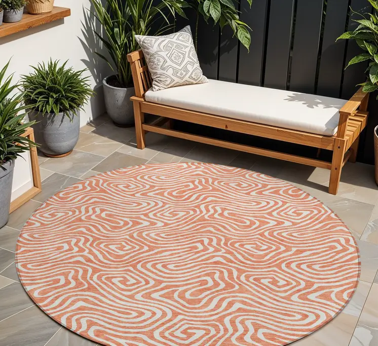 8' Salmon And Ivory Round Abstract Washable Indoor Outdoor Area Rug