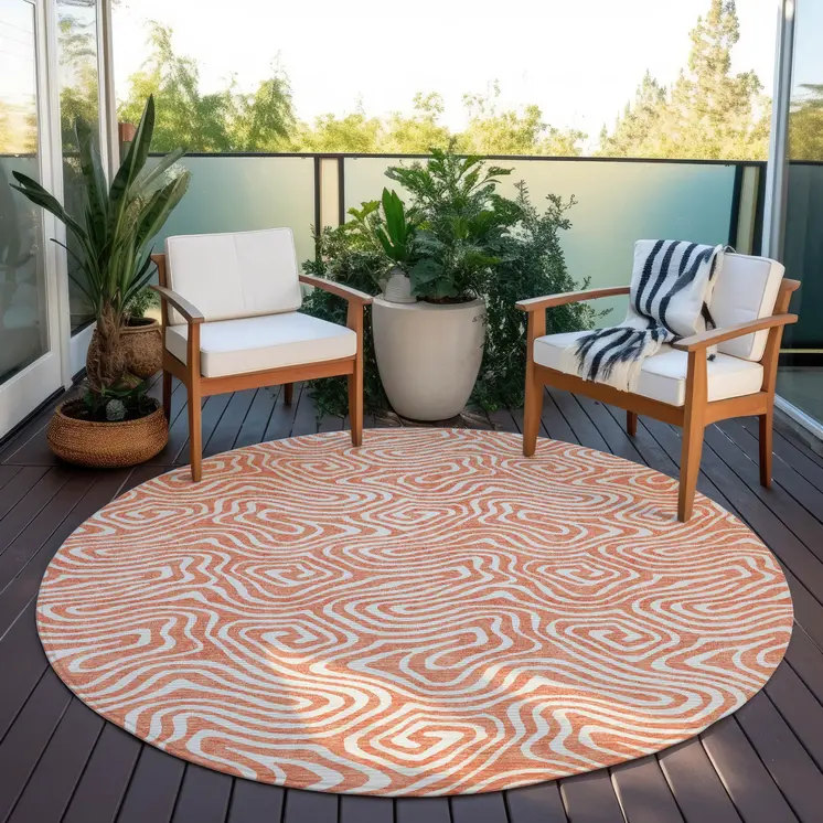 8' Salmon And Ivory Round Abstract Washable Indoor Outdoor Area Rug