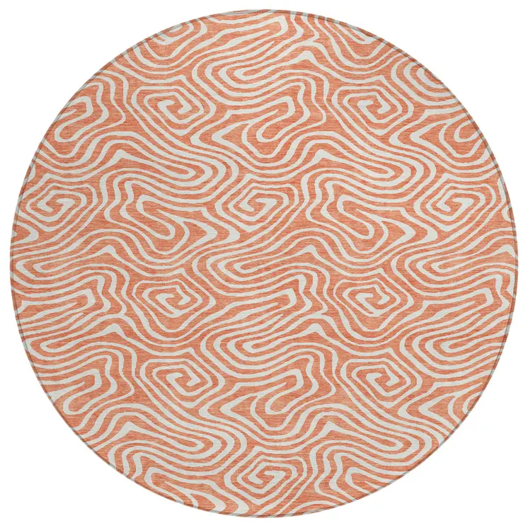 8' Salmon And Ivory Round Abstract Washable Indoor Outdoor Area Rug
