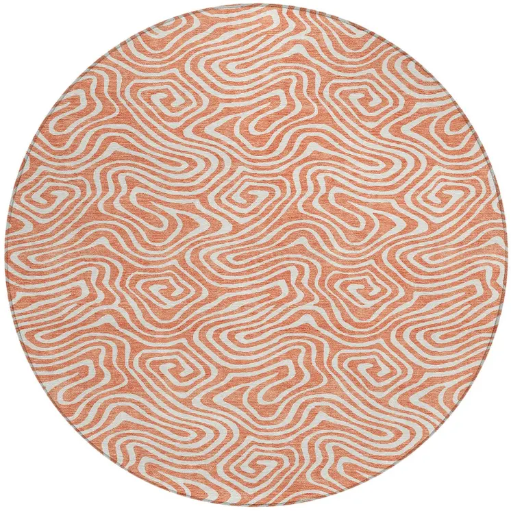 8' Salmon And Ivory Round Abstract Washable Indoor Outdoor Area Rug
