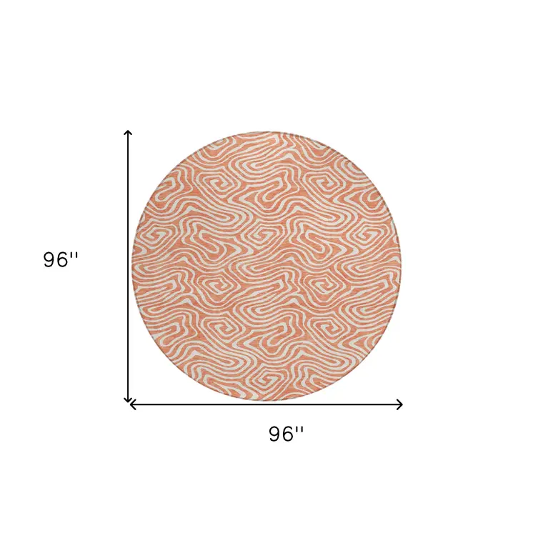 8' Salmon And Ivory Round Abstract Washable Indoor Outdoor Area Rug