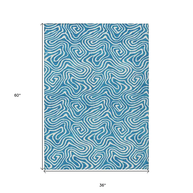 3' X 5' Teal Blue And Ivory Abstract Washable Indoor Outdoor Area Rug