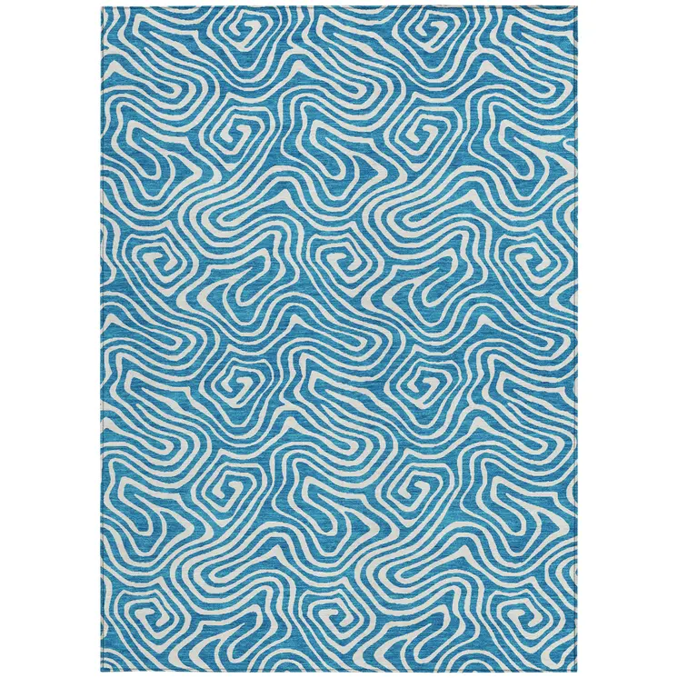 5' X 8' Teal Blue And Ivory Abstract Washable Indoor Outdoor Area Rug