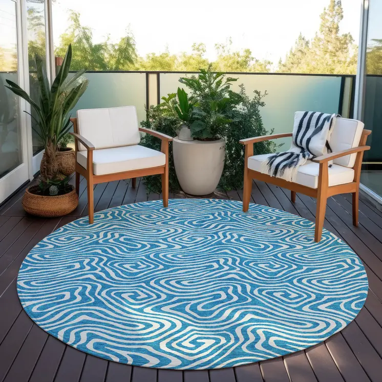 8' Teal Blue And Ivory Round Abstract Washable Indoor Outdoor Area Rug