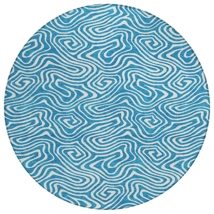 8' Teal Blue And Ivory Round Abstract Washable Indoor Outdoor Area Rug