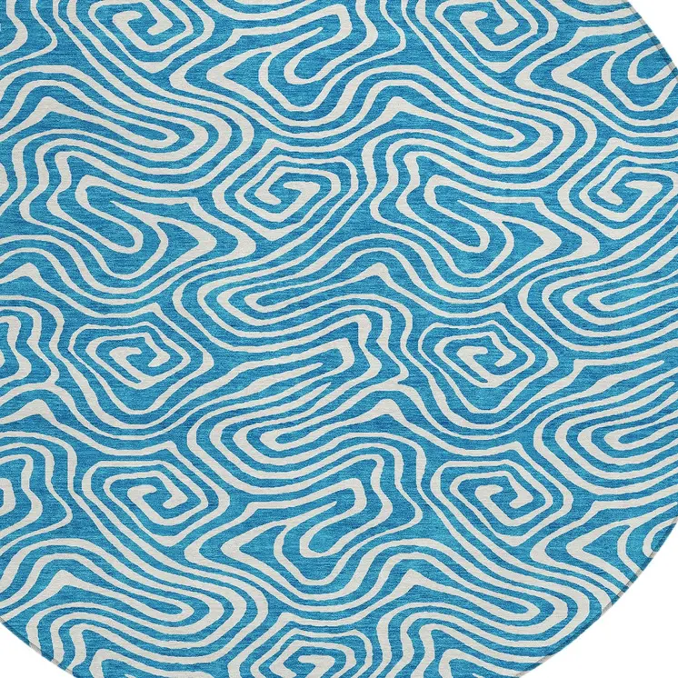 8' Teal Blue And Ivory Round Abstract Washable Indoor Outdoor Area Rug