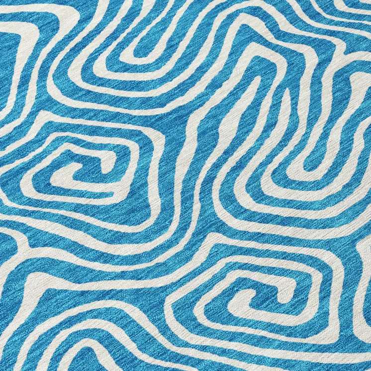 8' Teal Blue And Ivory Round Abstract Washable Indoor Outdoor Area Rug