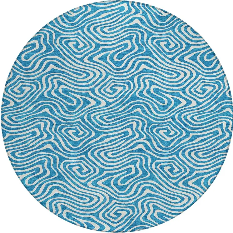 8' Teal Blue And Ivory Round Abstract Washable Indoor Outdoor Area Rug