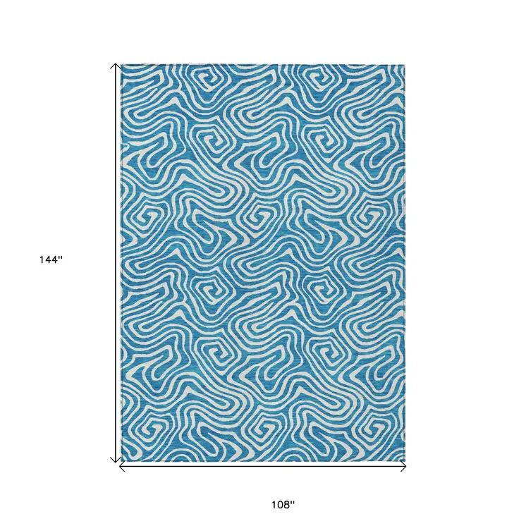 9' X 12' Teal Blue And Ivory Abstract Washable Indoor Outdoor Area Rug