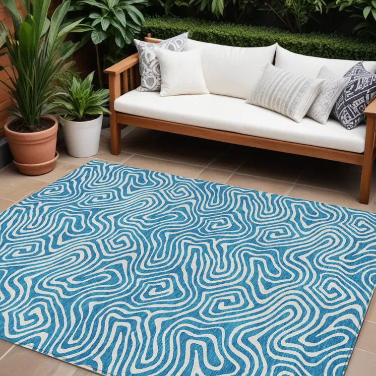 9' X 12' Teal Blue And Ivory Abstract Washable Indoor Outdoor Area Rug
