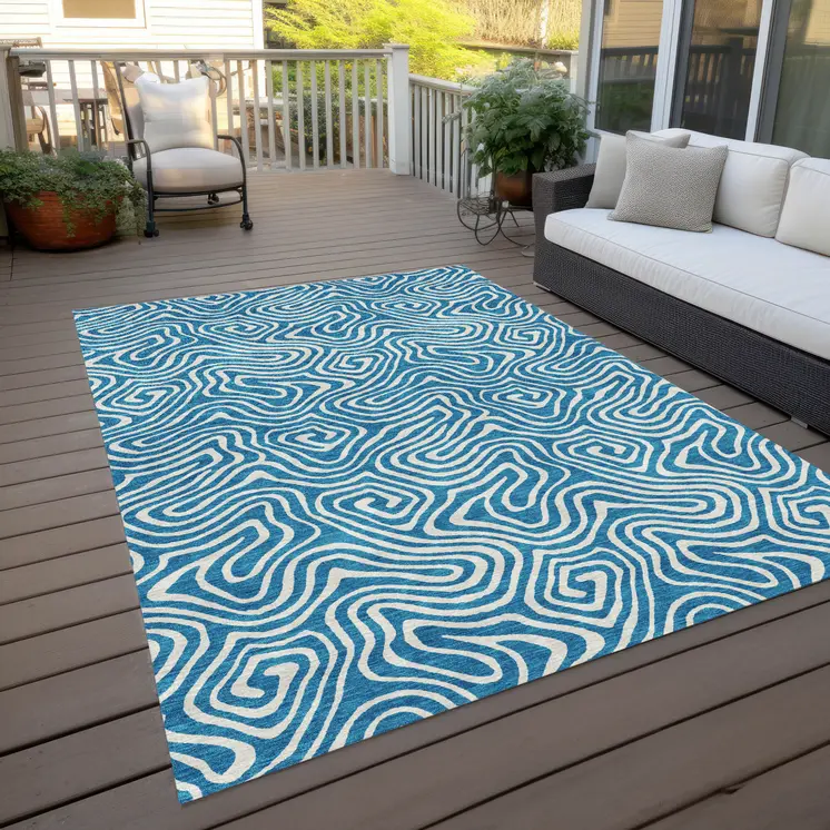 9' X 12' Teal Blue And Ivory Abstract Washable Indoor Outdoor Area Rug