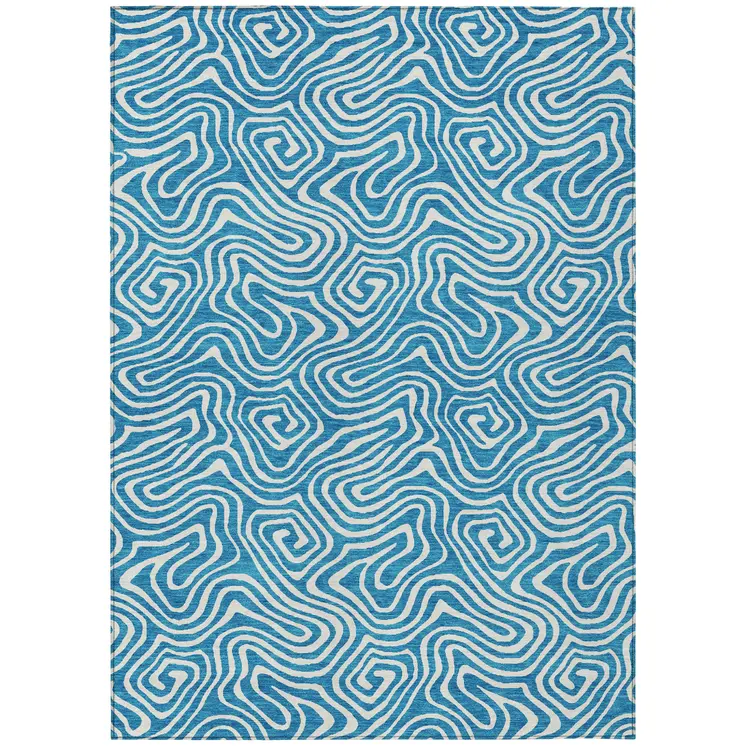 9' X 12' Teal Blue And Ivory Abstract Washable Indoor Outdoor Area Rug