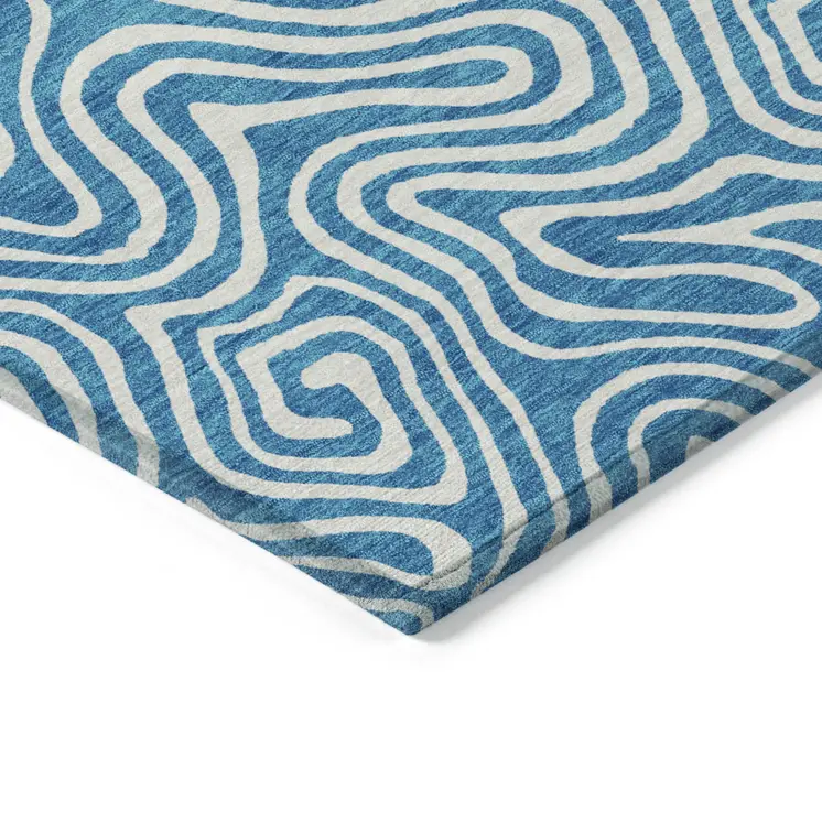 9' X 12' Teal Blue And Ivory Abstract Washable Indoor Outdoor Area Rug