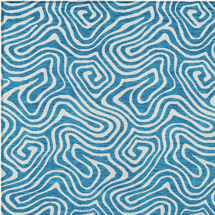 9' X 12' Teal Blue And Ivory Abstract Washable Indoor Outdoor Area Rug