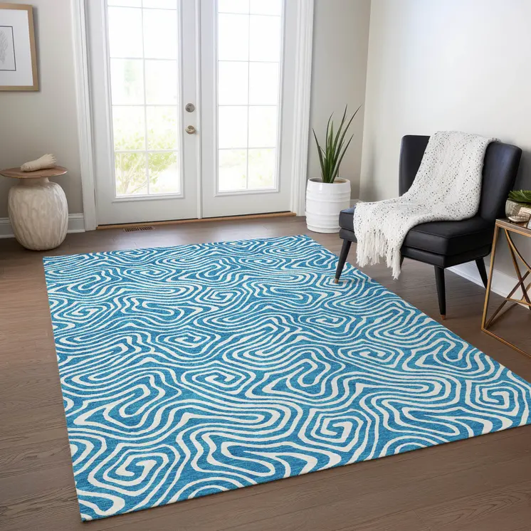 9' X 12' Teal Blue And Ivory Abstract Washable Indoor Outdoor Area Rug
