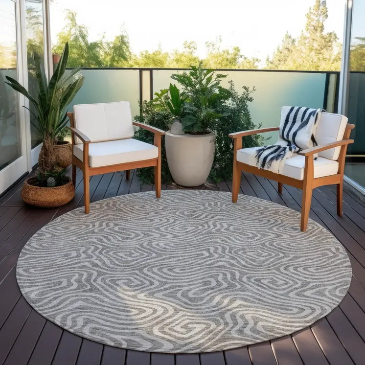 8' Taupe And Gray Round Abstract Washable Indoor Outdoor Area Rug