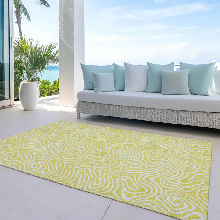 3' X 5' Yellow And Ivory Abstract Washable Indoor Outdoor Area Rug