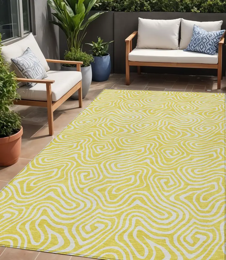 5' X 8' Yellow And Ivory Abstract Washable Indoor Outdoor Area Rug