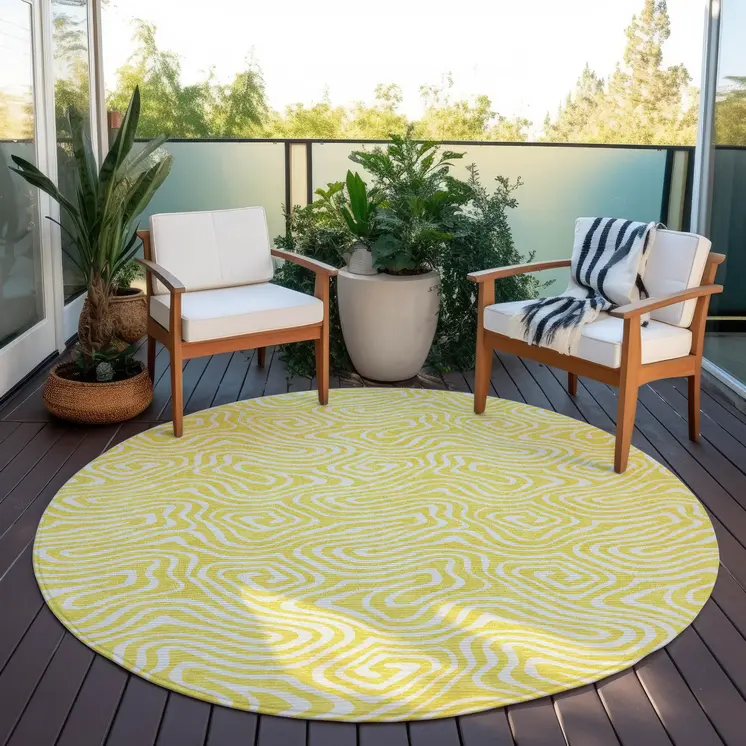 8' Yellow And Ivory Round Abstract Washable Indoor Outdoor Area Rug