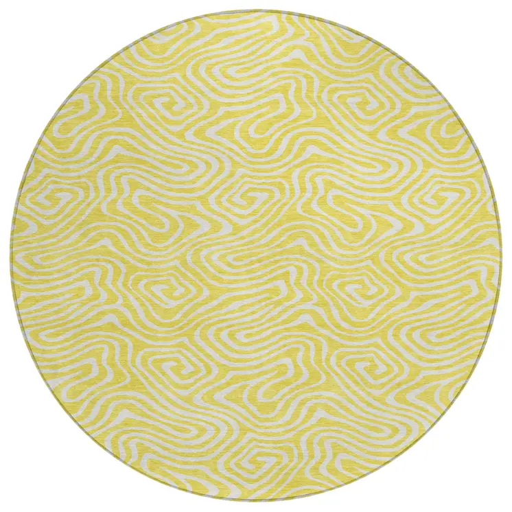 8' Yellow And Ivory Round Abstract Washable Indoor Outdoor Area Rug