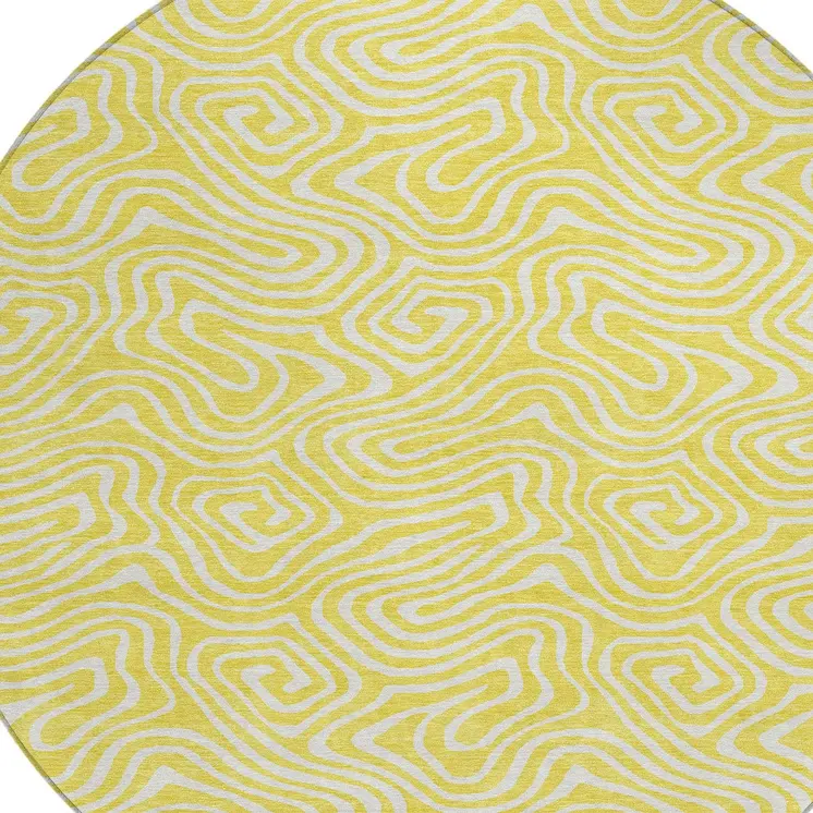 8' Yellow And Ivory Round Abstract Washable Indoor Outdoor Area Rug