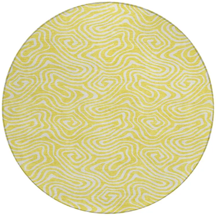 8' Yellow And Ivory Round Abstract Washable Indoor Outdoor Area Rug