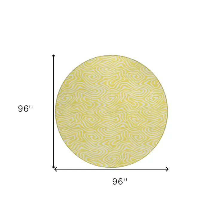 8' Yellow And Ivory Round Abstract Washable Indoor Outdoor Area Rug