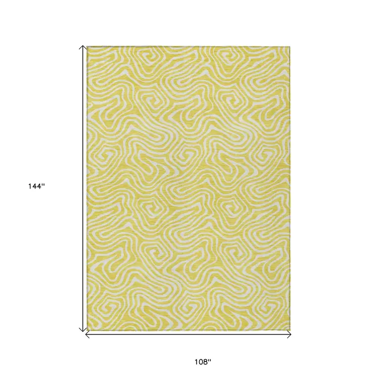 9' X 12' Yellow And Ivory Abstract Washable Indoor Outdoor Area Rug