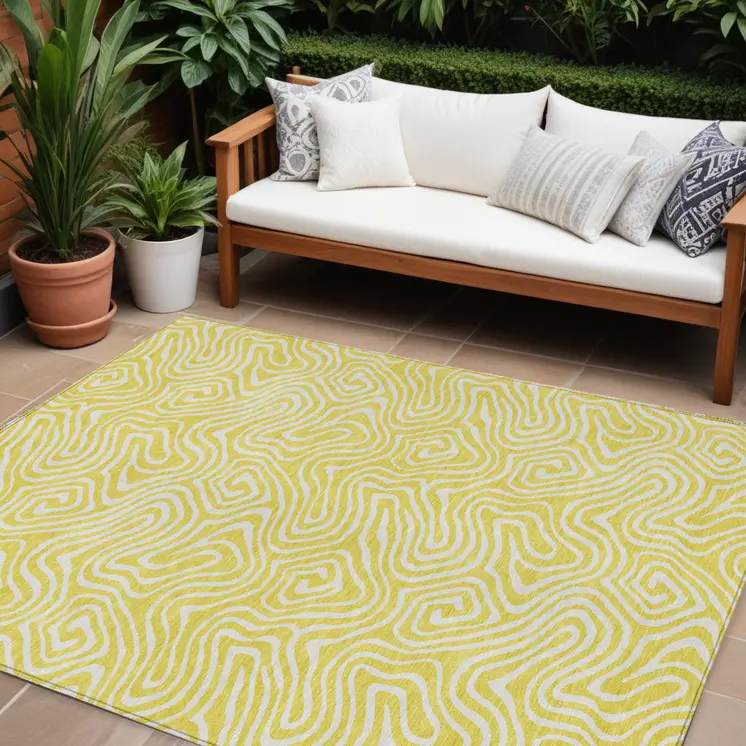 10' X 14' Yellow And Ivory Abstract Washable Indoor Outdoor Area Rug