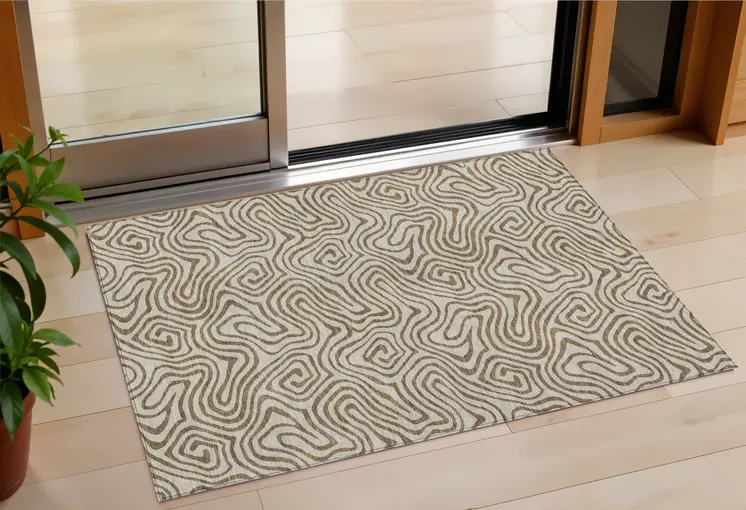 3' X 5' Beige And Brown Abstract Washable Indoor Outdoor Area Rug