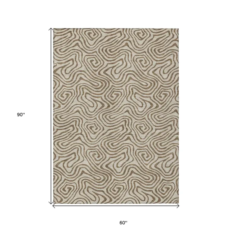 5' X 8' Beige And Brown Abstract Washable Indoor Outdoor Area Rug