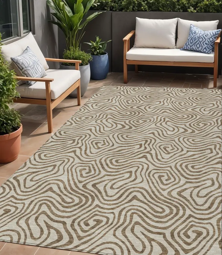 5' X 8' Beige And Brown Abstract Washable Indoor Outdoor Area Rug