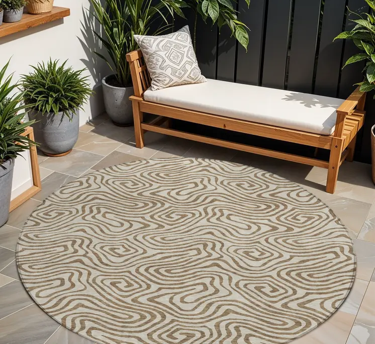 8' Beige And Brown Round Abstract Washable Indoor Outdoor Area Rug