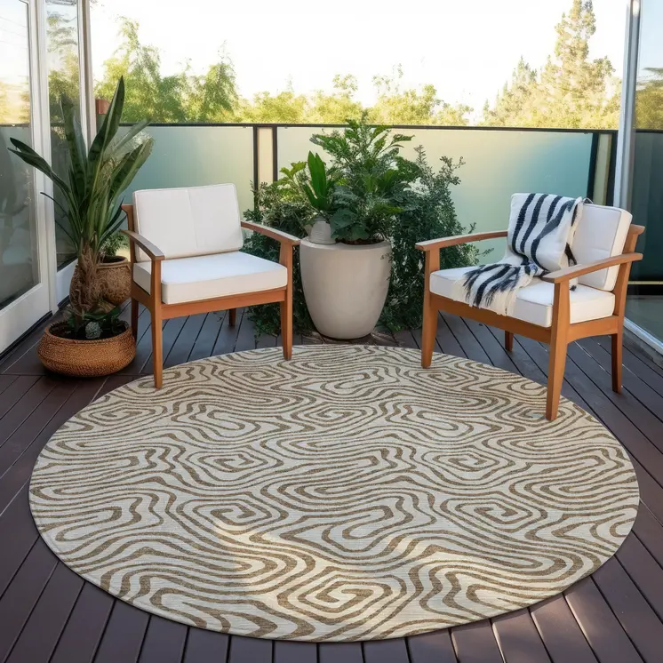 8' Beige And Brown Round Abstract Washable Indoor Outdoor Area Rug