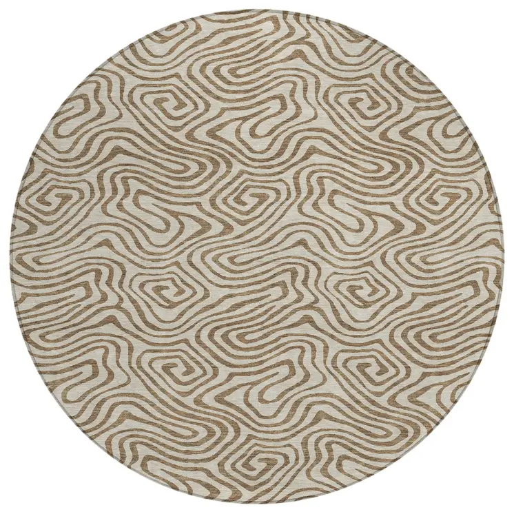 8' Beige And Brown Round Abstract Washable Indoor Outdoor Area Rug