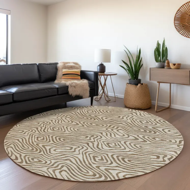 8' Beige And Brown Round Abstract Washable Indoor Outdoor Area Rug