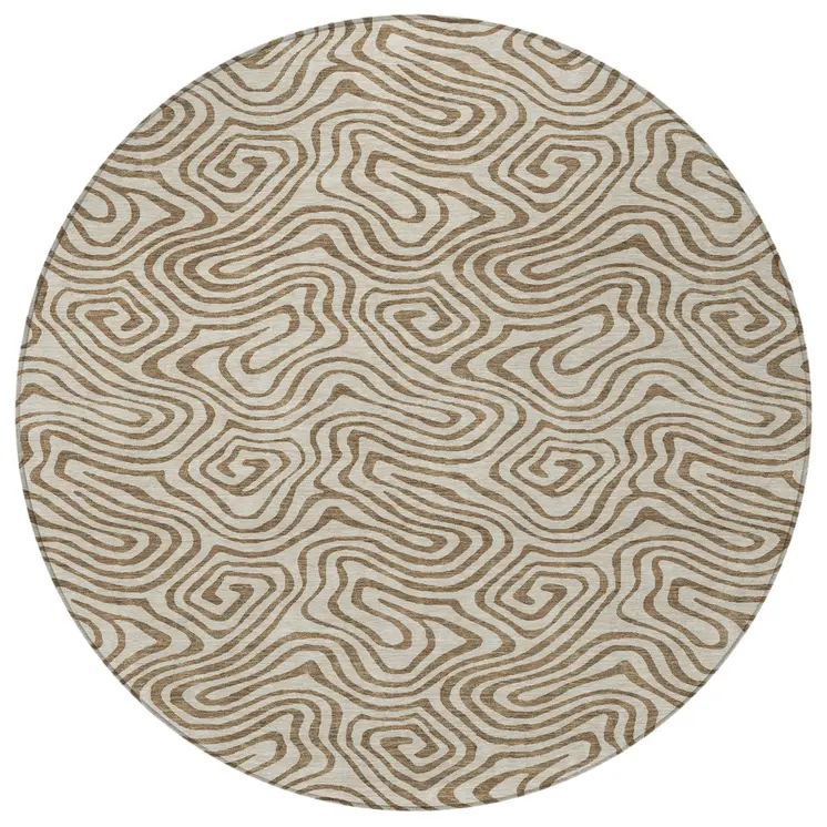 8' Beige And Brown Round Abstract Washable Indoor Outdoor Area Rug