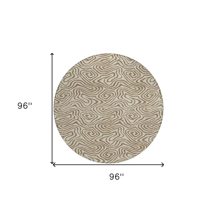 8' Beige And Brown Round Abstract Washable Indoor Outdoor Area Rug