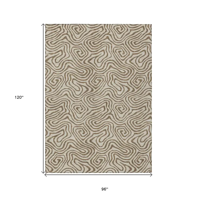 8' X 10' Beige And Brown Abstract Washable Indoor Outdoor Area Rug