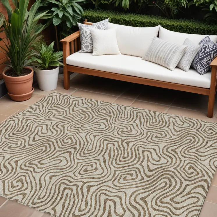 8' X 10' Beige And Brown Abstract Washable Indoor Outdoor Area Rug