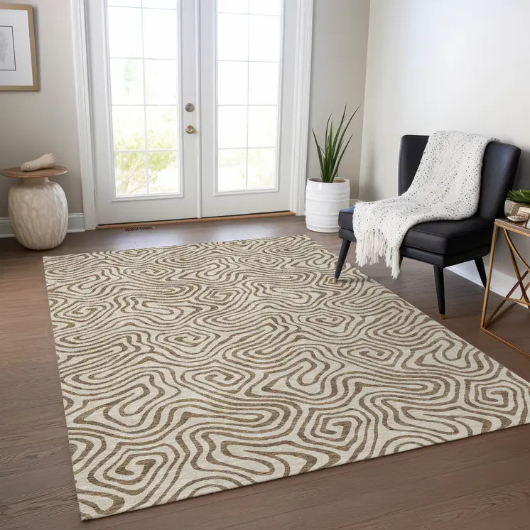 8' X 10' Beige And Brown Abstract Washable Indoor Outdoor Area Rug