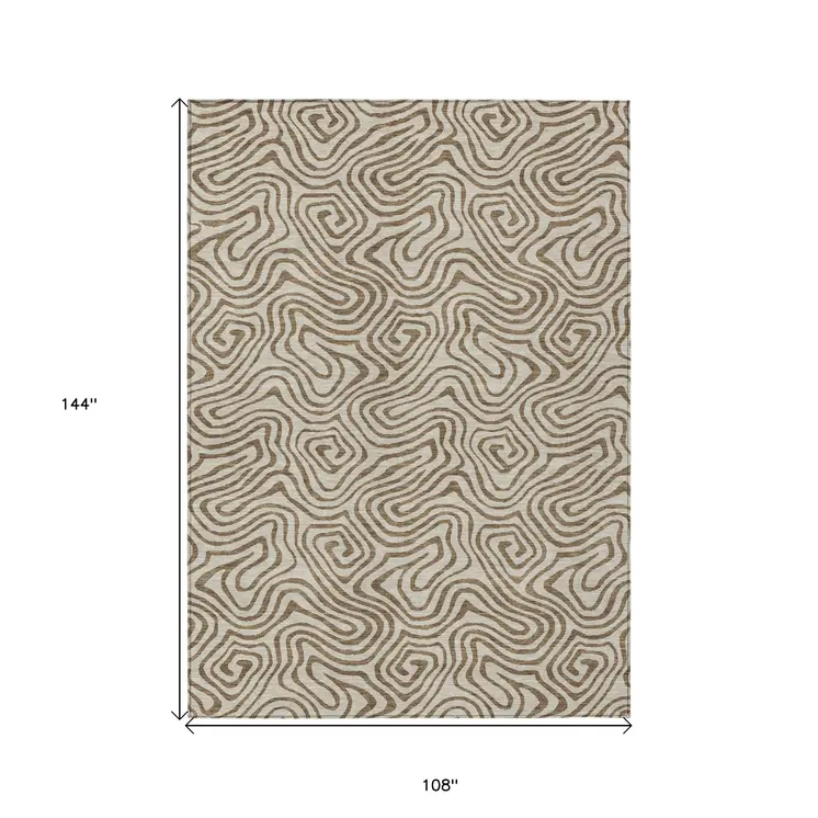 9' X 12' Beige And Brown Abstract Washable Indoor Outdoor Area Rug