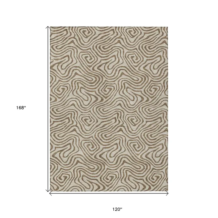 10' X 14' Beige And Brown Abstract Washable Indoor Outdoor Area Rug