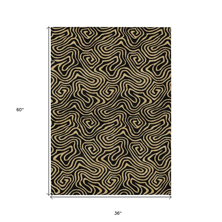 3' X 5' Black And Beige Abstract Washable Indoor Outdoor Area Rug
