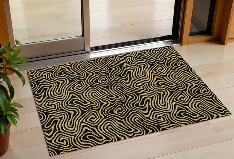 3' X 5' Black And Beige Abstract Washable Indoor Outdoor Area Rug