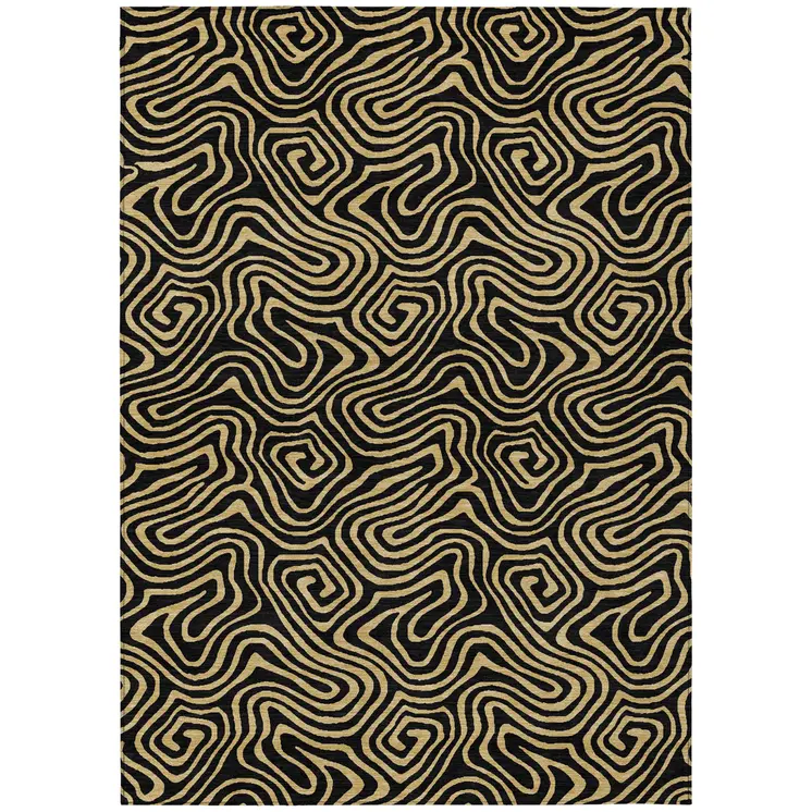 3' X 5' Black And Beige Abstract Washable Indoor Outdoor Area Rug