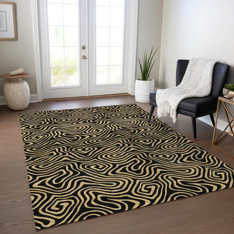 3' X 5' Black And Beige Abstract Washable Indoor Outdoor Area Rug