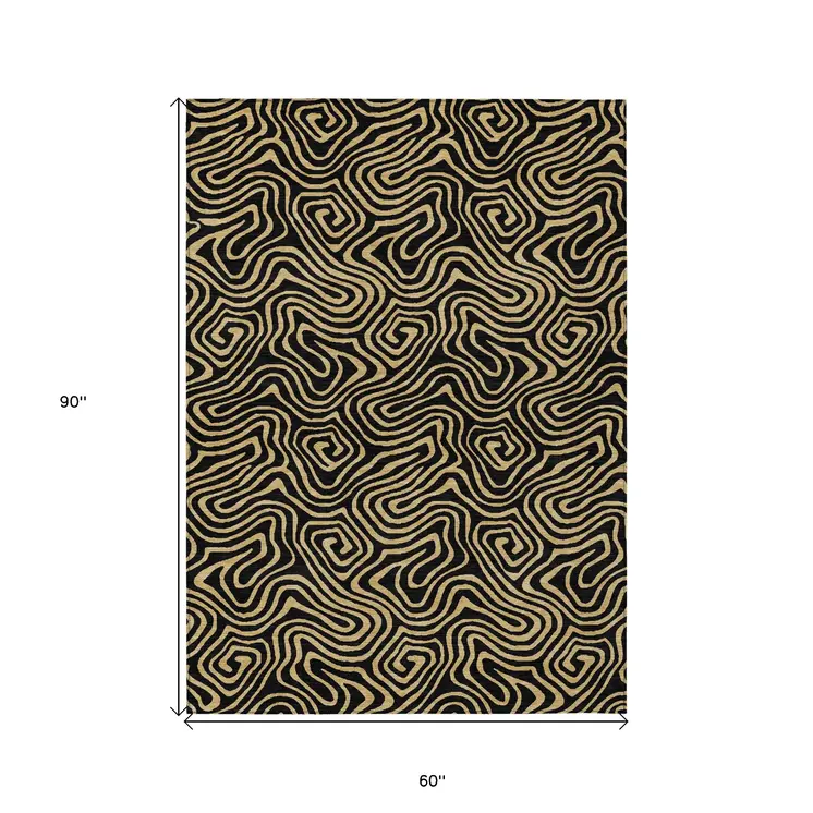 5' X 8' Black And Beige Abstract Washable Indoor Outdoor Area Rug